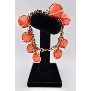 Vintage Ornament Caged Ball Beaded Chain Bracelet Charm Gold Chunky 1970s BinAW